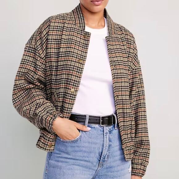 Old Navy Autumn Houndstooth Plaid Snap Front Bomber Jacket - Picture 1 of 10